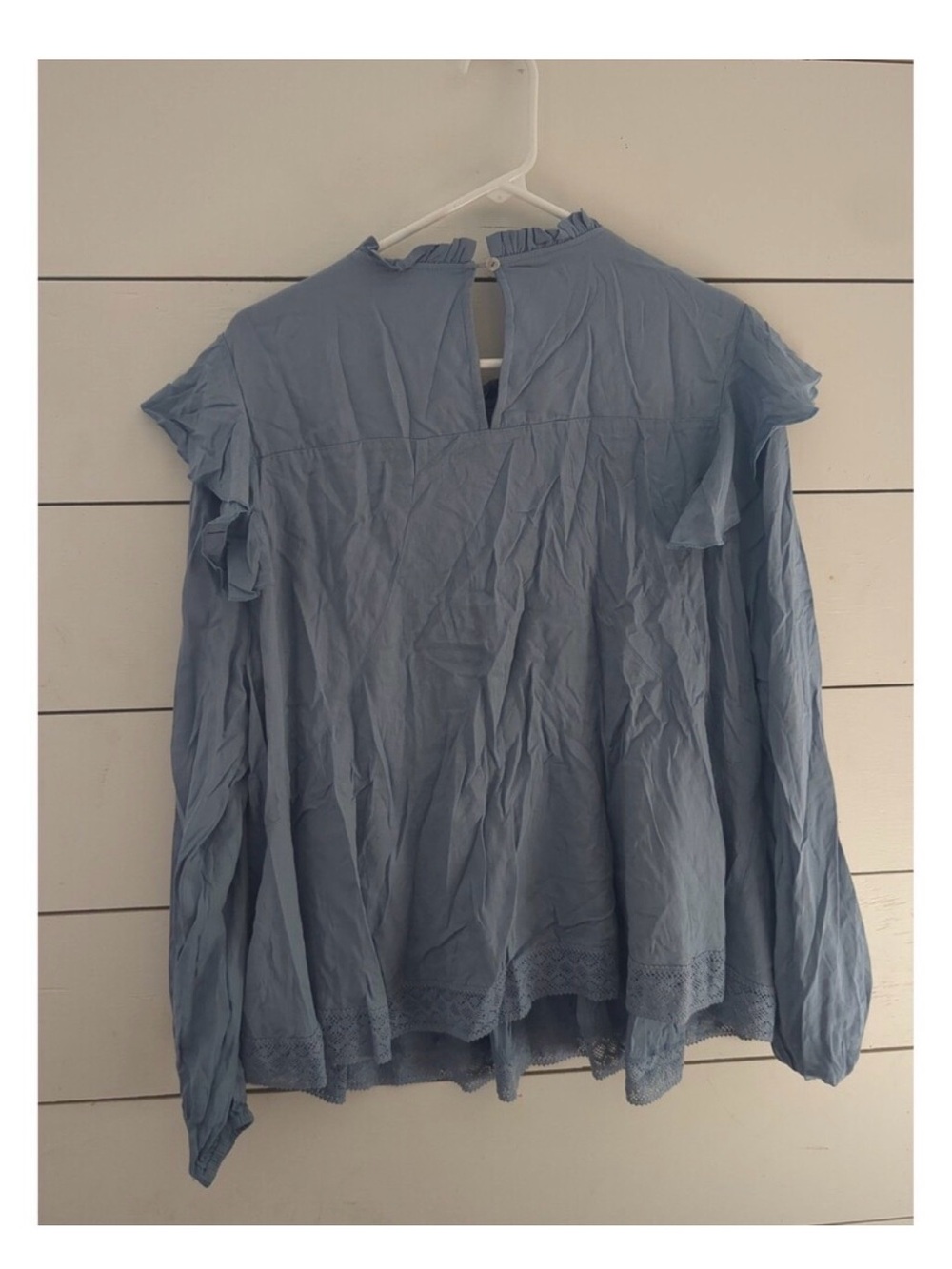 Grace Light Blue Crochet Yoke Ruffle Long Sleeve Top - Picture 2 of 5